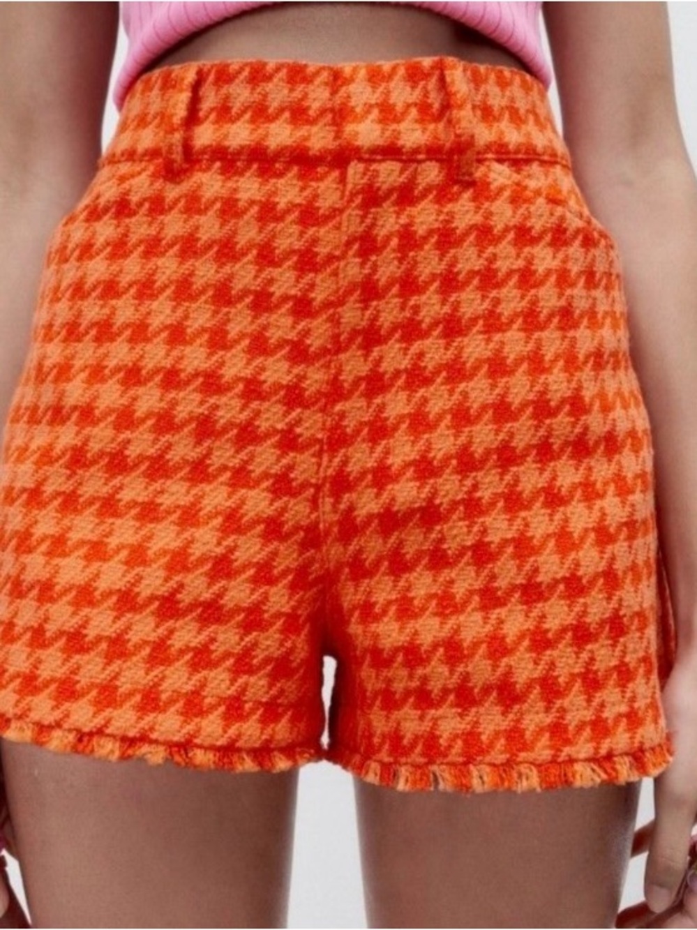NWOT ZARA Women's Orange Houndstooth Tweed Shorts XS Pockets Preppy 70s